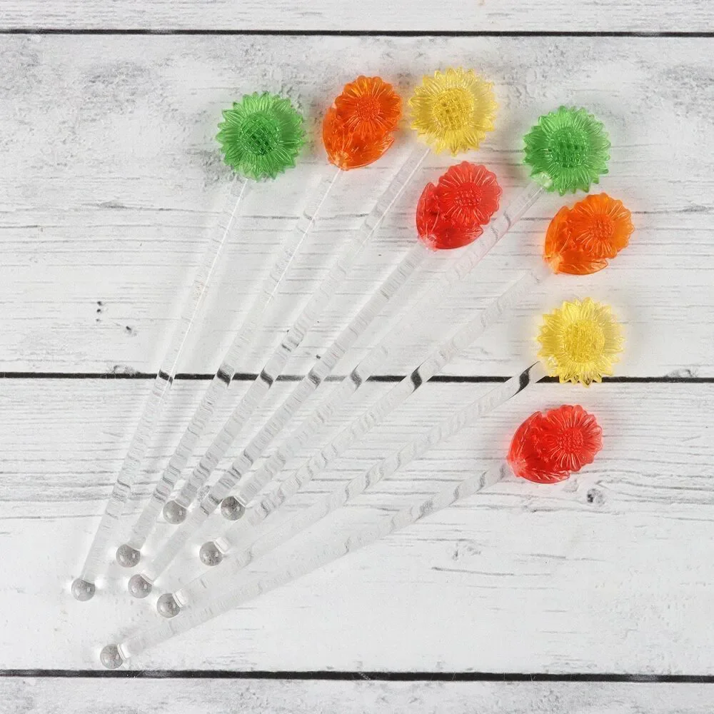 Vintage 1960s Lucite Flower Swizzle Sticks Set, Retro Cocktail Stirrers, Barware